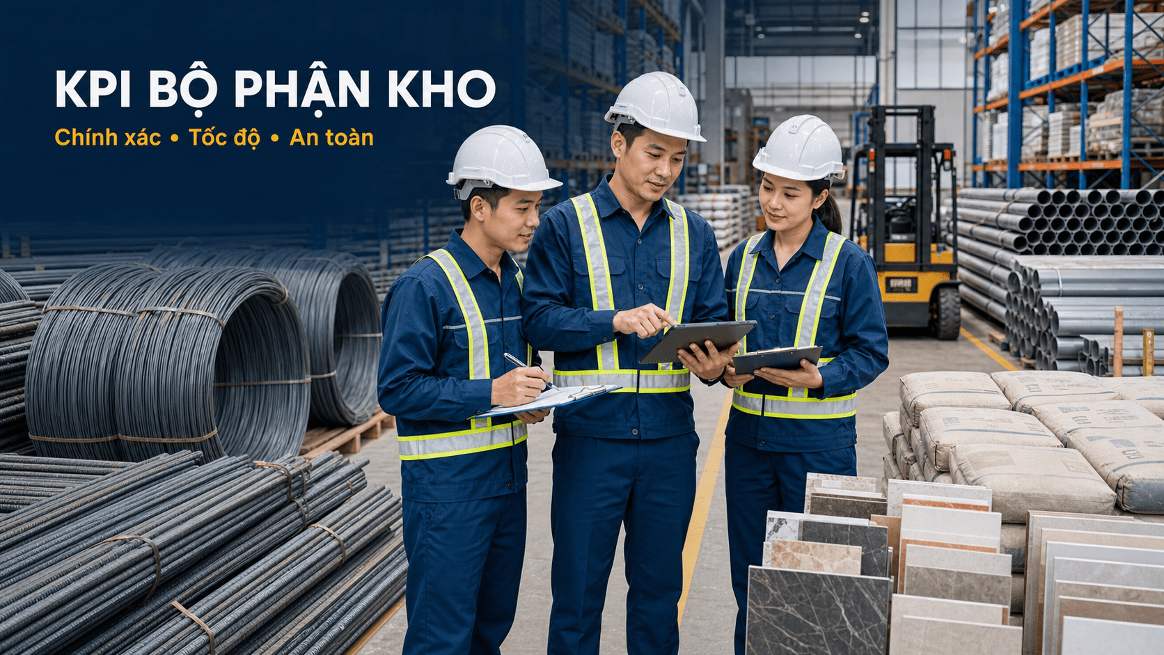 KPI bộ phận kho vật liệu xây dựng gồm công thức, trọng số và mục tiêu giúp kiểm soát tồn kho, xuất nhập, hao hụt, tốc độ phục vụ và an toàn.